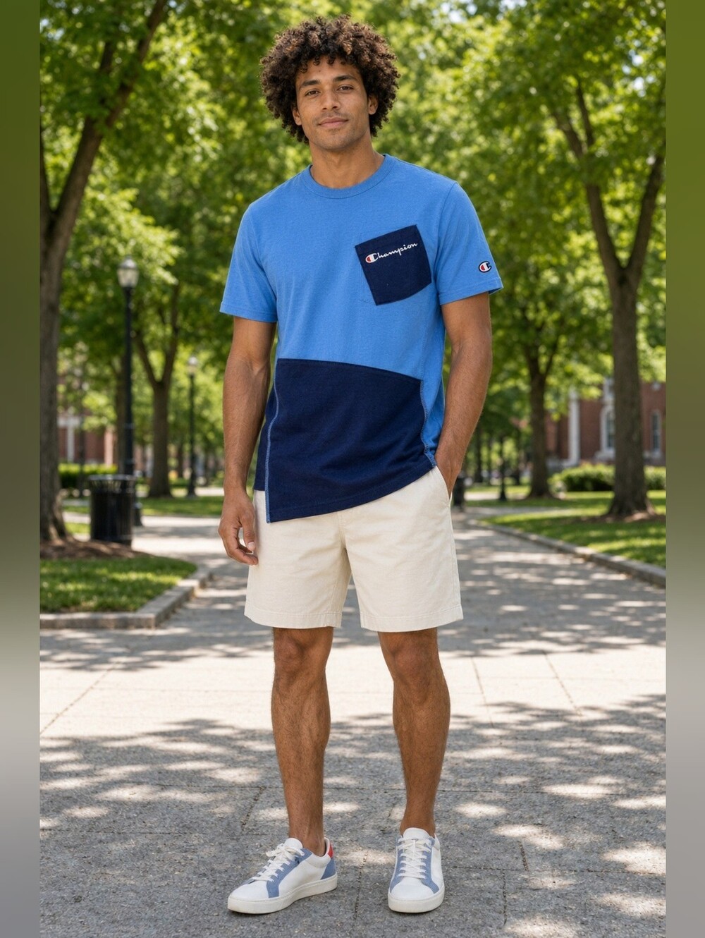 Champion Life Men Blue Navy Colorblock Shift Short Sleeve Pocket Tee US XS